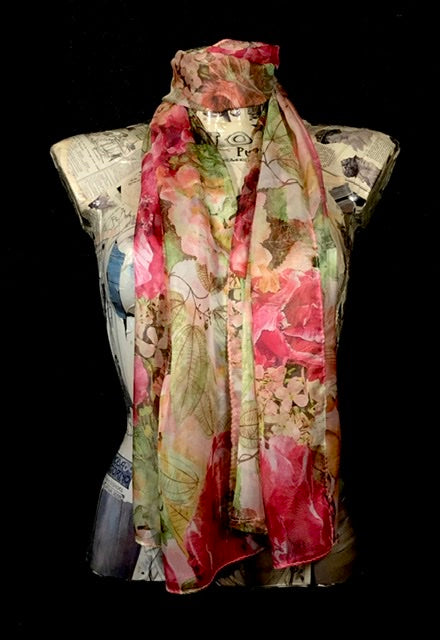 Foulard chiffon fiori rosa verde