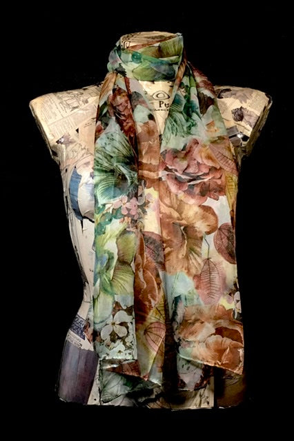 Foulard chiffon fiori verde nocciola